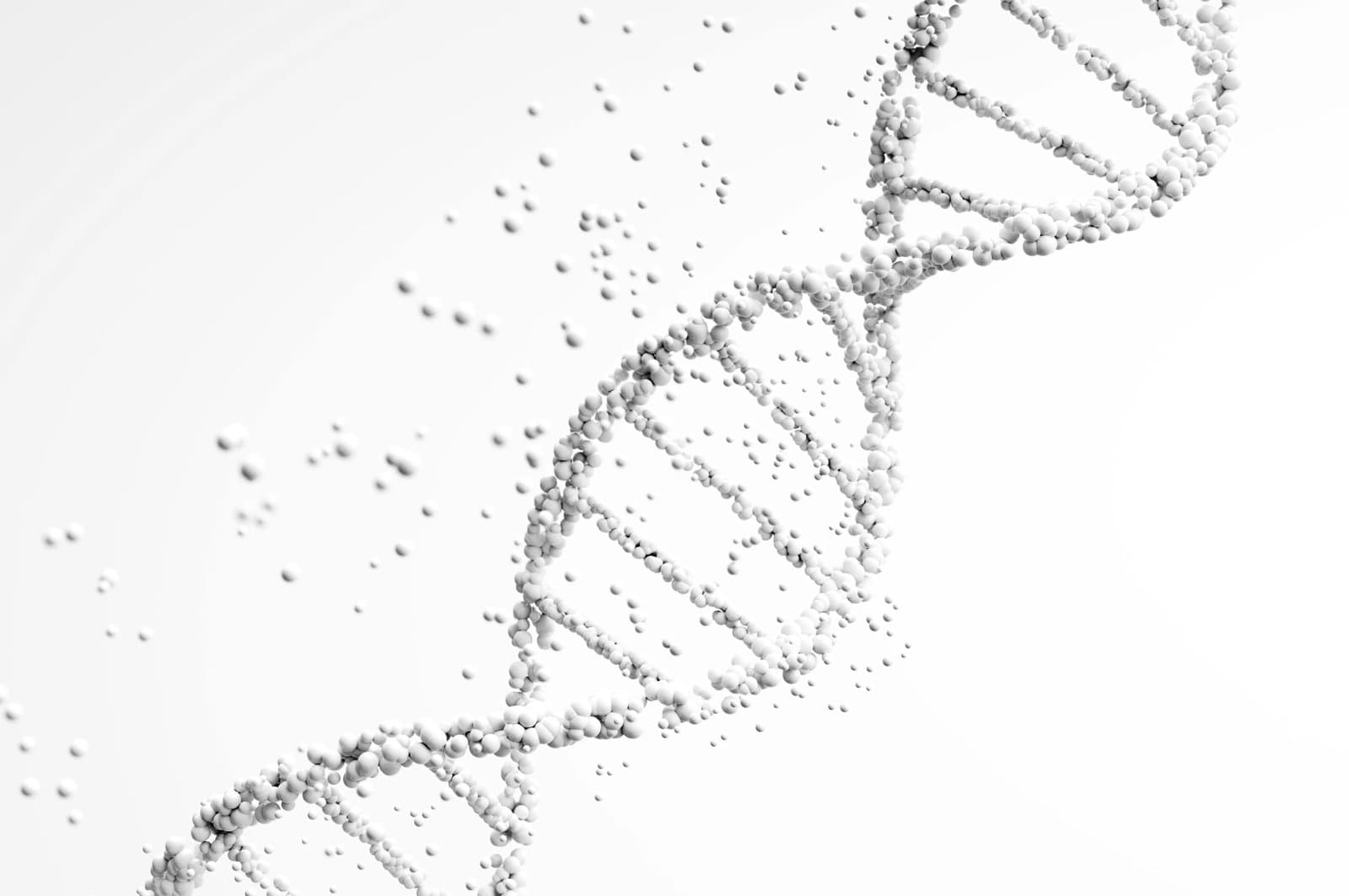 3D rendering of a DNA molecule in white with particles.