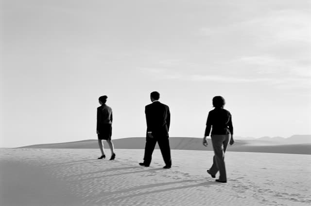 Business people walking on sand dune