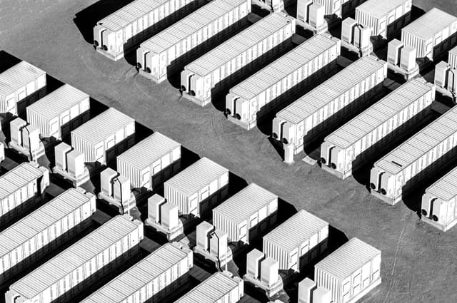Aerial view of rows of large rectangular industrial units arranged in parallel lines on a dirt surface.