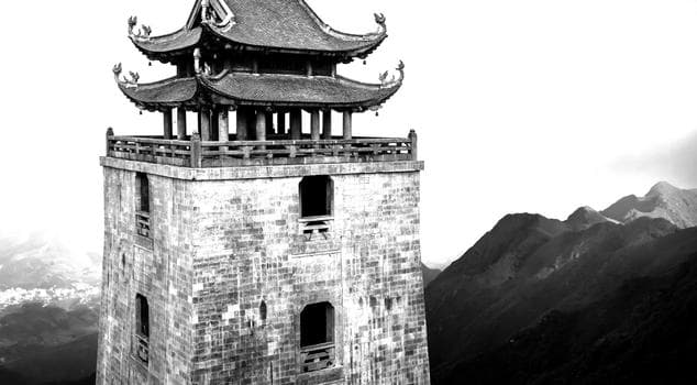 Close up of the Fansipan Temple Tower on a early morning.