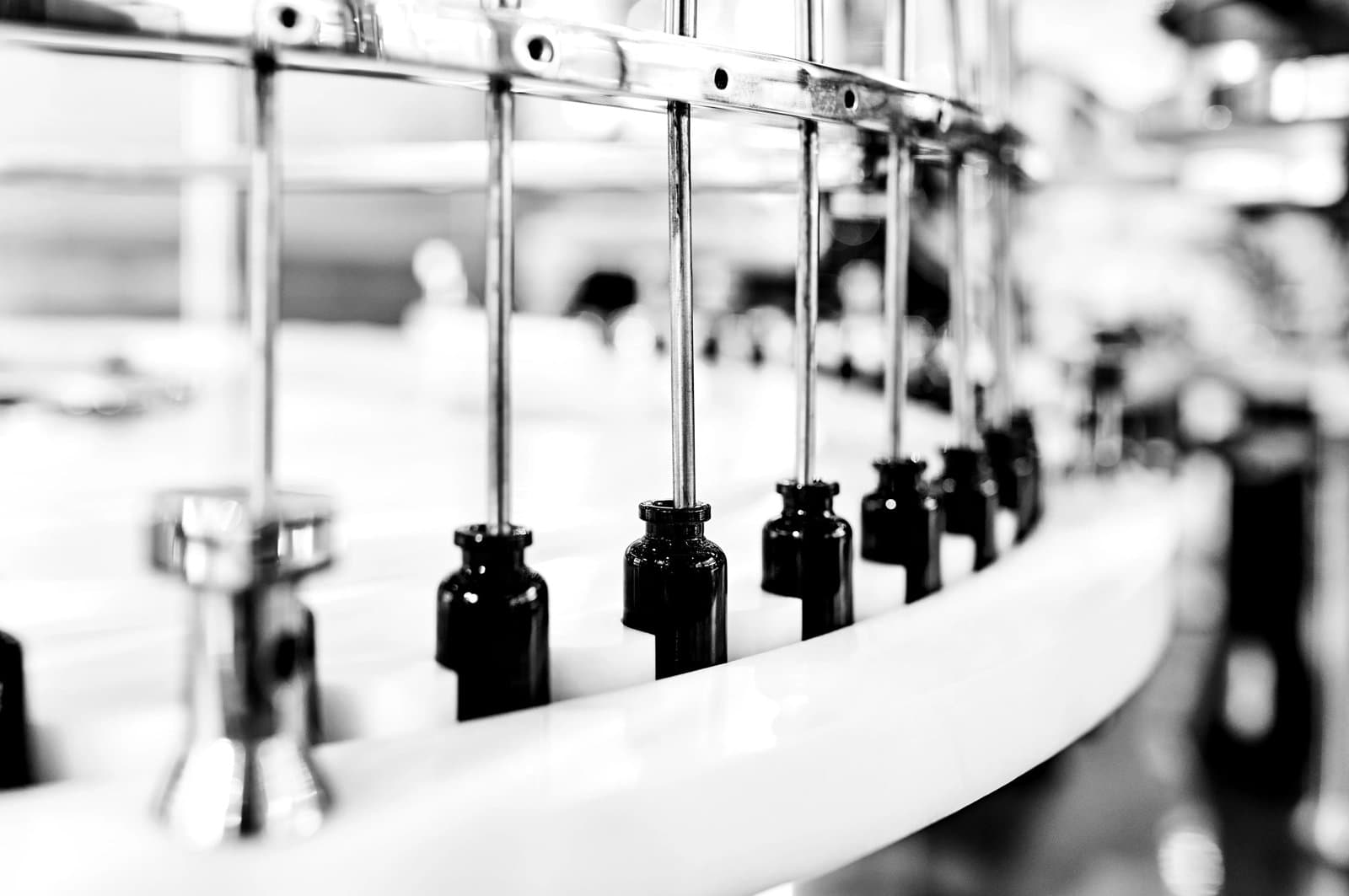 Medicine glass bottles on production line
