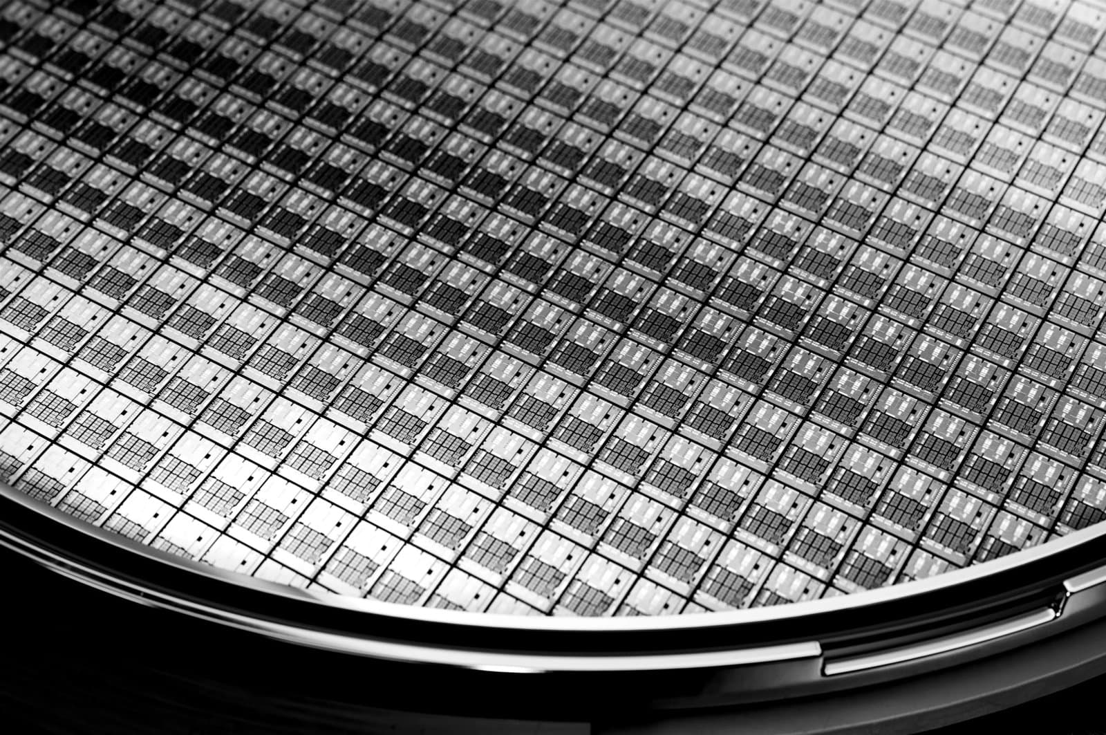 Close-up of a silicon wafer containing microchips