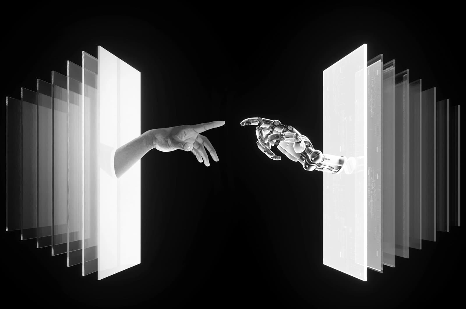 Human hand and a robotic hand reaching towards each other between layered digital panels.